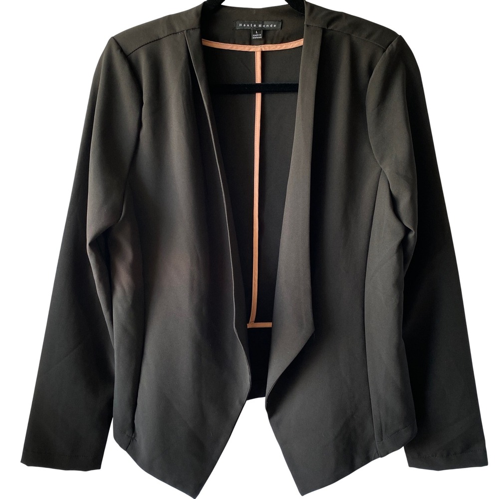 Haute Monde Black Open Front Blazer Womens L Stretch Minimalist Career Jacket